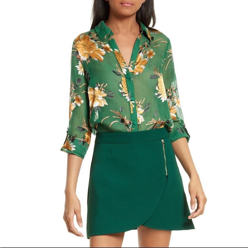Alice + Olivia Eloise Green Roll Sleeve Button Down Floral Blouse XS